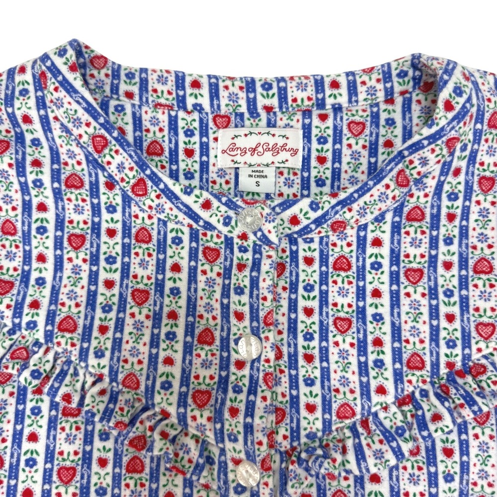 Lanz of Salzburg Nightgown‎ Size S Blue Red Heart Stripe Flannel Cotton Grandma - Picture 4 of 8